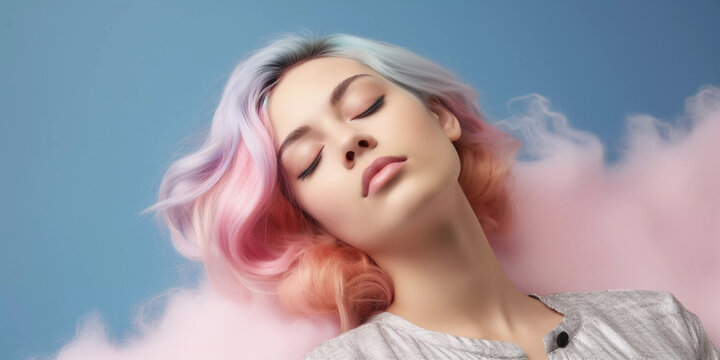 Young woman with colorful dyed hair sleeping and dreaming in pink clouds, close up, Generative AI