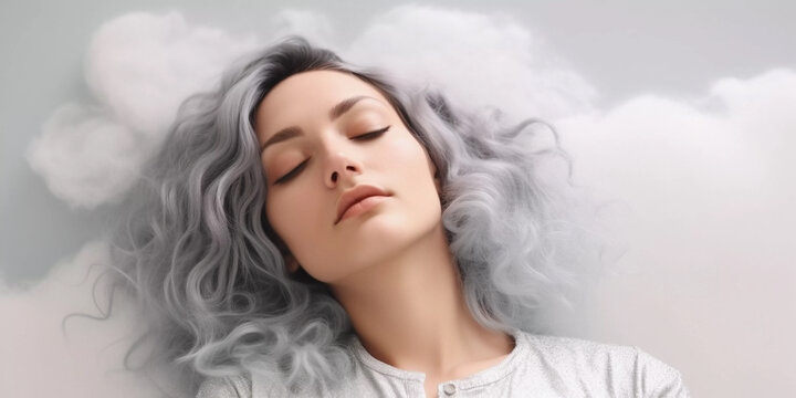 Young woman with gray hair sleeping and dreaming in clouds, close up, Generative AI