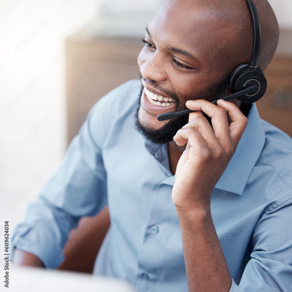 Poster black man, call center and happy agent working on computer in the office, business in telemarketing 