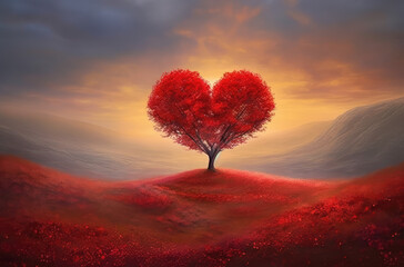 Naklejka na ściany i meble red heart tree in the middle of the field, generative AI