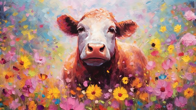 art illustration of cute cow in flower blossom atmosphere, Generative Ai