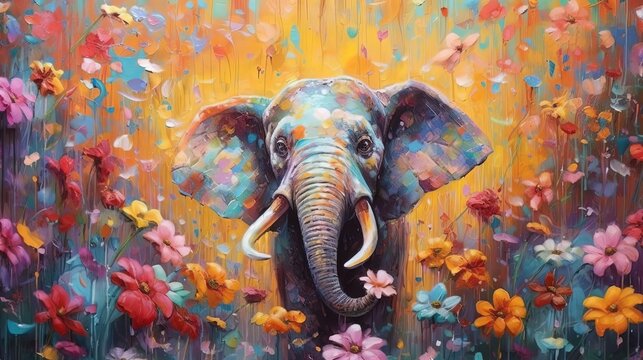 Fototapeta art illustration of cute elephant in flower blossom atmosphere, Generative Ai
