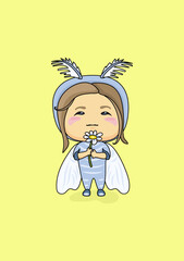 Cartoon image of a girl wearing a silkworm butterfly costume with a chamomile in her hands on a yellow background