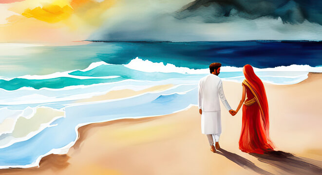 Beautiful abstract wedding couple bride and groom walking together at the beach, summer wedding background with copy space watercolor style generative ai illustration