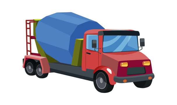 Colorful concrete mixer truck kids toy isolated on white background. City utility vehicle in cartoon flat style. Urban construction heavy industrial equipment. Cement blender. Vector illustration