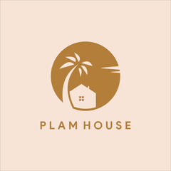 Obraz premium house and palm tree with sun background Homestay logo vector