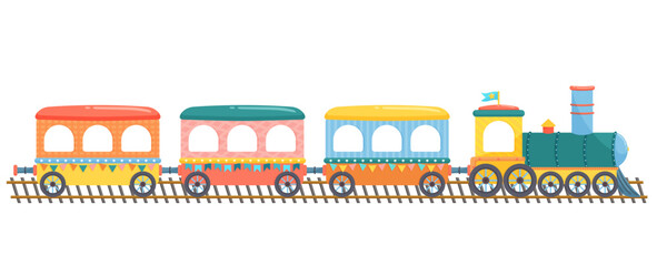 Cute funny train on railroad. Colorful toy locomotive. Childhood transportation train. Cartoon Vector illustration