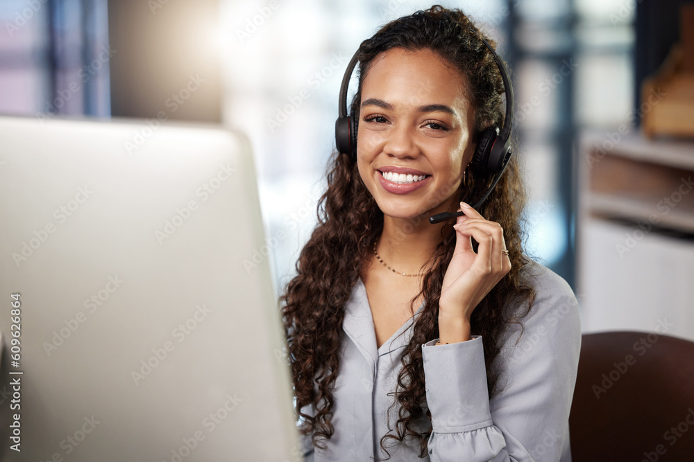 Canvas Prints Portrait, telemarketing and woman with customer service, call center and headphones with happiness. Face, female person and happy agent with tech support, computer and consultant with advice and help