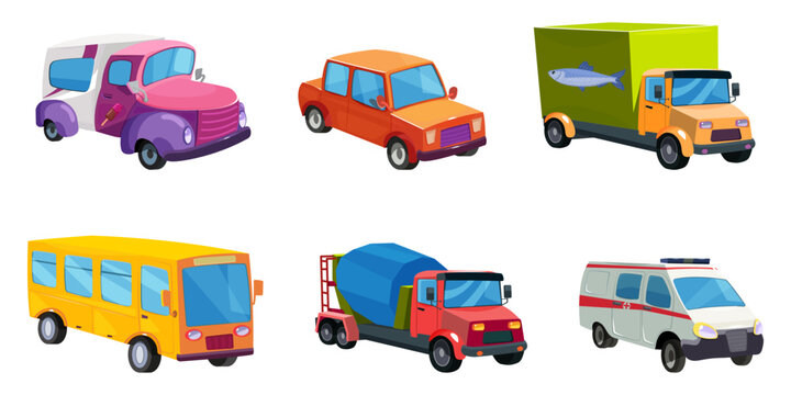 Set of colorful cars toy isolated on white background. City utility vehicles in cartoon flat style. Collection of kids automobiles. Urban transport for children education. Vector illustration