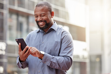 Phone, text message a senior business black man in the city, typing an email while commuting to...