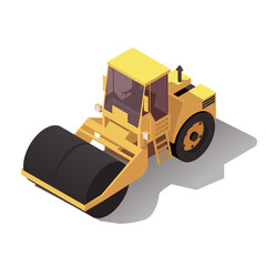 Yellow steamroller for paving asphalt. Road working roller truck. Asphalting machine 3d isometric design. Road pavement improvement on highway. Vector illustration