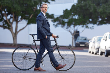 Bike, morning and business man in city for carbon neutral, commute and environment. Professional,...