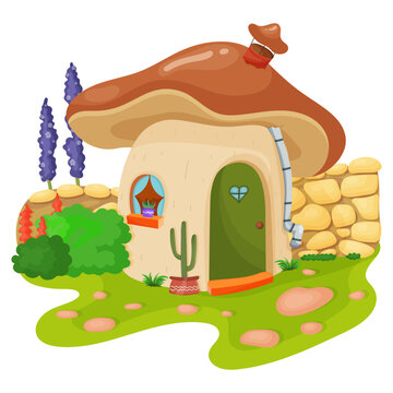 Fantasy fairy tale illustration with forest mushroom house in flat style. Children fairytale fantastic house for cartoon characters. Magic picture for kids education and reading. Vector illustration