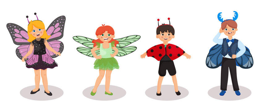 Cute children in fairies costume with wings. Set of young boy and girls lovely winged elves princesses in fancy dress in cartoon style. Collection of kids for school celebration. Vector illustration