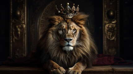 King of animals Lion in crown created with generative AI technology