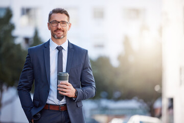 Portrait, coffee and man in the city, business and confident guy with startup success, career and formal. Face, male person or employee with tea, outdoor or professional with skills, ceo or corporate - obrazy, fototapety, plakaty