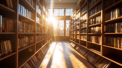 Sunlit library. Learning center with books. Generative AI.