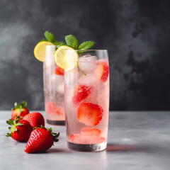 Strawberry lemonade with ice, mint and lemon in tall glass on light gray background. Generative AI