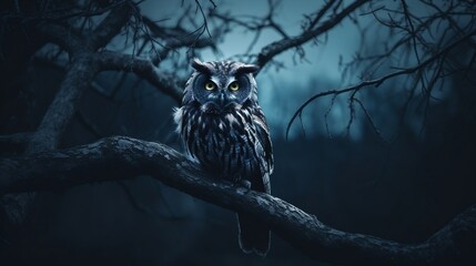 Owl on the tree branch under moonlight mysterious vibe sinister. Generated AI