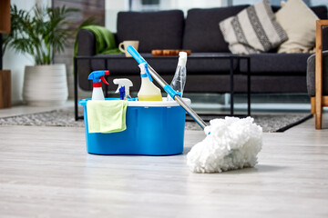 Cleaning, bacteria and mop on the floor of a living room in a home for hygiene or service during...
