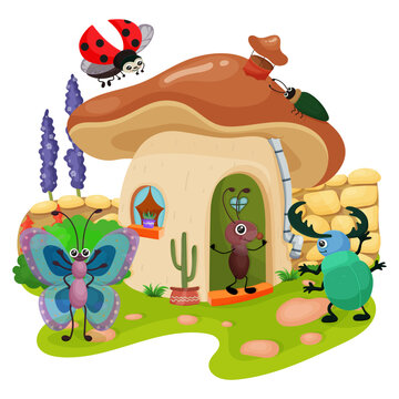 Fantasy fairy tale about forest friends in mushroom house. Children friendship in fairytale muravey, butterfly and beetle characters. Magic picture for kids education and reading. Vector illustration