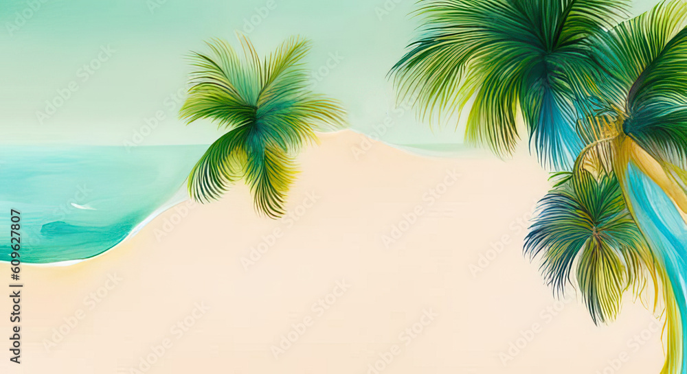 Wall mural abstract beach background with sand, sea and palm trees and lots of copy space generative ai illustr