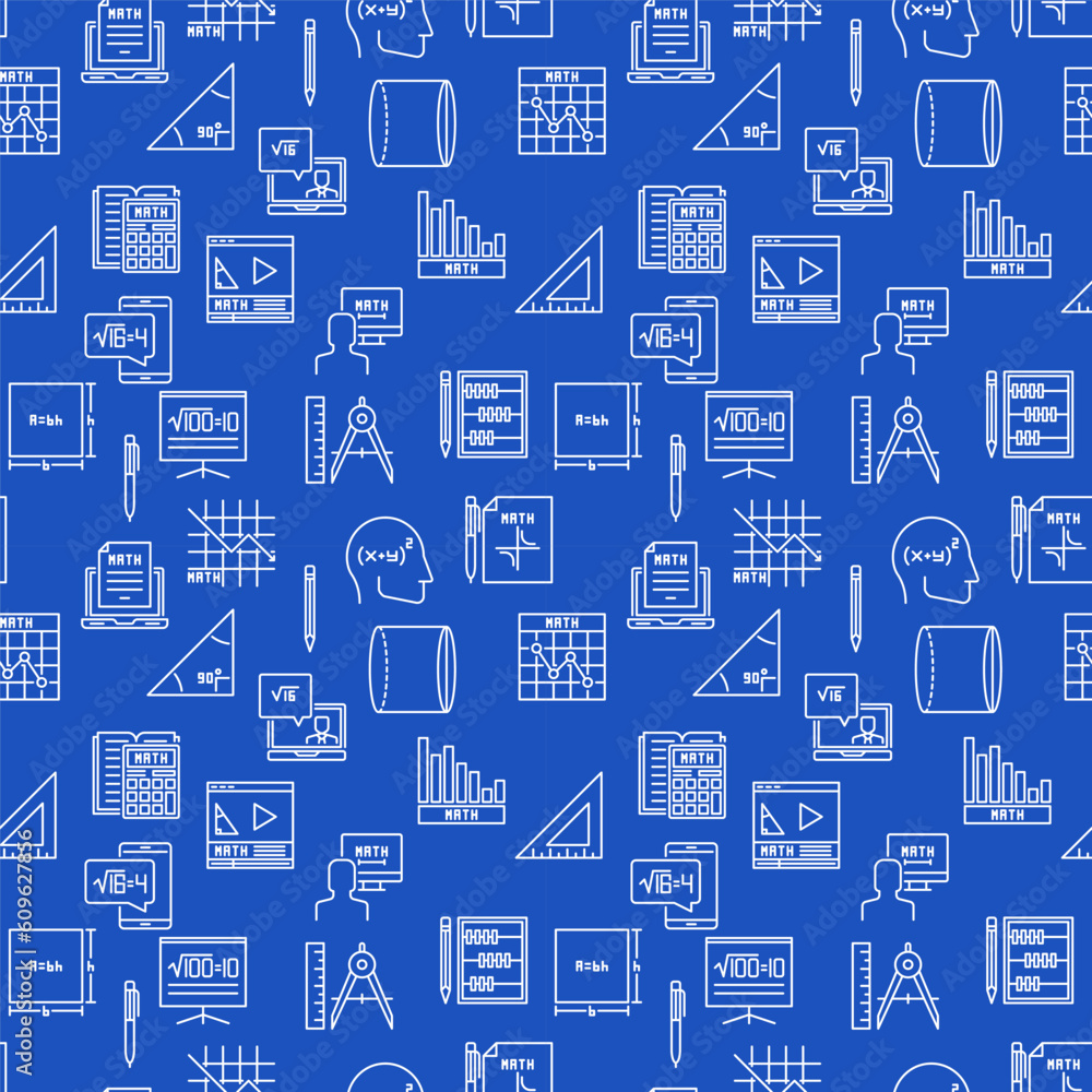 Poster maths thin line blue seamless background - mathematics vector outline pattern