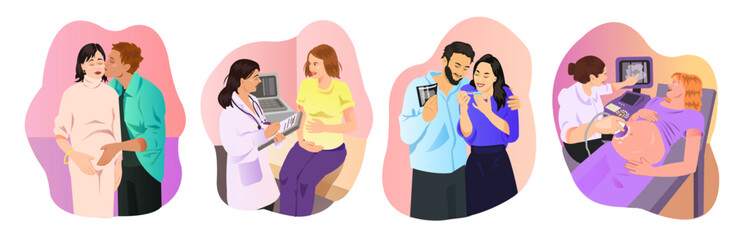Set of young pregnant woman with husband. Pregnancy family couple in clinic or hospital. Happy healthy motherhood. Colorful cartoon image. Analyses in medical clinics at doctor. Vector illustration