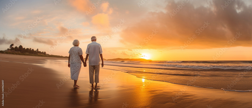 Wall mural happy seniors enjoying their golden years of retirement with a beach sunset. - Wall murals
