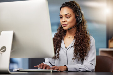 Call center, virtual assistant or woman typing on computer at telecom customer services office job...