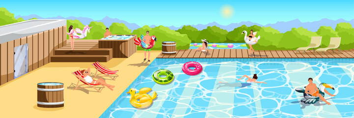 Obraz na płótnie Canvas Men and women enjoy in luxury hotel resort. Summer time weekend in swimming pool. Young people have sunbathing and fun in pool activity. Landscape of water park lounge area. Vector illustration