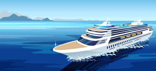 White cruise ship at blue ocean or sea. Pacific or atlantic ocean voyage. Summer travel agency booking tickets concept. Poster with marine landscape. Seascape background with ship. Vector illustration