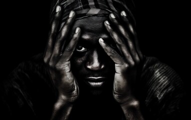 An african man covering his face with his hands, low key portrait. AI generative.