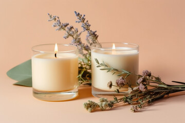 Two handmade candles from paraffin and soy wax in glass with wooden wick and dry herbal isolated on...