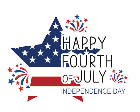 Happy Fourth of July Independence Day concept, patriotic banner, greeting card, poster. American flag, star and firework on white, national holiday, minimalistic vector.