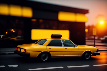Fototapeta na wymiar yellow cab. Taxi car on the background of night city. Vintage, retro yellow taxi driving on dark street at night. 70s, 80s style. Generative ai.