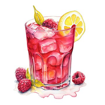 Cold Raspberry drink with mint and ice. Fresh raspberry lemonade garnished with lemon. Watercolor illustration of a refreshing cocktail. AI generated
