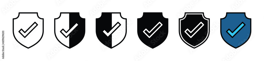 Poster security shield check mark icon vector. protection, protect, safety icon in line, flat, and color st