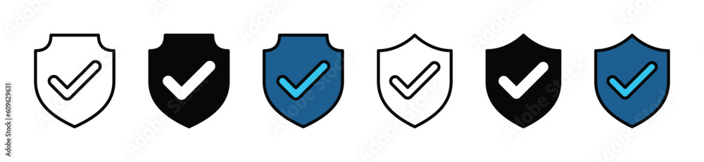 Poster security shield check mark icon vector. protection, protect, safety icon in line, flat, and color st