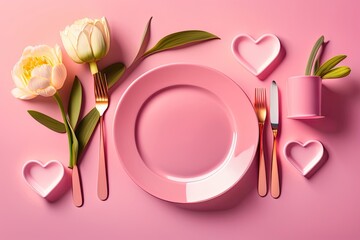 Pink Plates Cutlery Flat Lay Generative AI