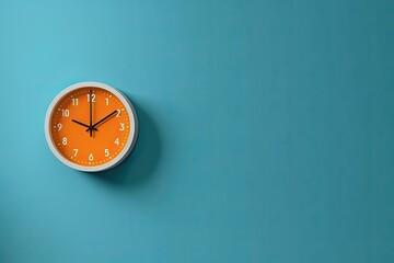 0441. orange clock in front of blue wall. Generative AI