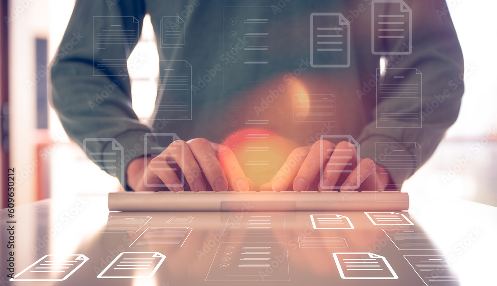 Aufkleber document data system report hr technology concept, businessman manager checking white documents repo