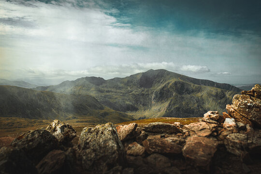 Photo looking at Crib Goch and Mount Snowdon in Snowdonia National Park UK