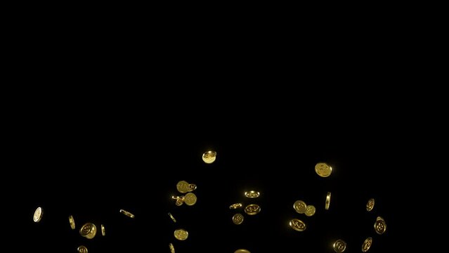 Golden coins with dollar sign splash up on black background. 3d seamless loop cycled looping animation. 4K UHD 3840x2160 3D render high quality.