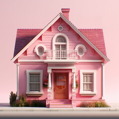 Cute pink house. 3d render in pastel colors.