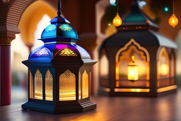 Original Traditional Ornate Oriental Lantern with Light Generative AI