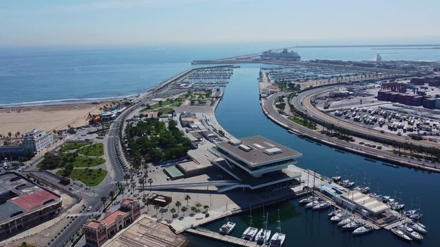 4K Drone Footage. Valencia. Aerial View yacht harbor port. Spain. 28 may 2023