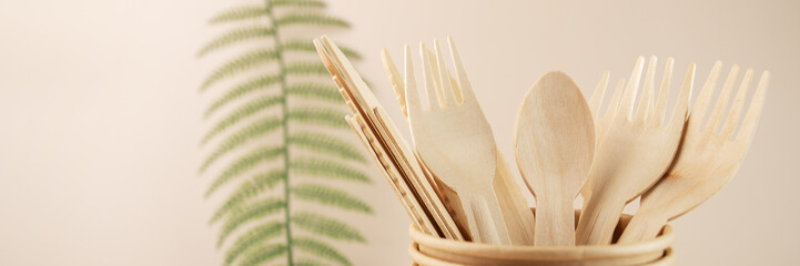 Set of eco friendly tableware, Biodegradable bamboo dishware for zero waste parties, banner