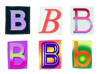 Letter B ransom note paper cut-out collage elements in various graphic styles isolated on transparent background