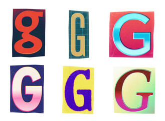 Letter G ransom note paper cut-out collage elements in various graphic styles isolated on transparent background